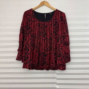 Roz & Ali Red Black Damask Metallic Pleated Blouse Ruffle Bell Sleeve XL